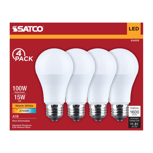 Satco S14333 15A19L/827/E26/P/ND/4PK