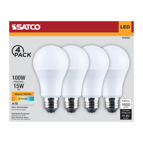Satco S14333 15A19L/827/E26/P/ND/4PK