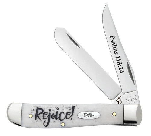 Case Religious Sayings Rejoice Embellished Smooth Natural Bone Mini Trapper (Natural Bone - Rejoice)